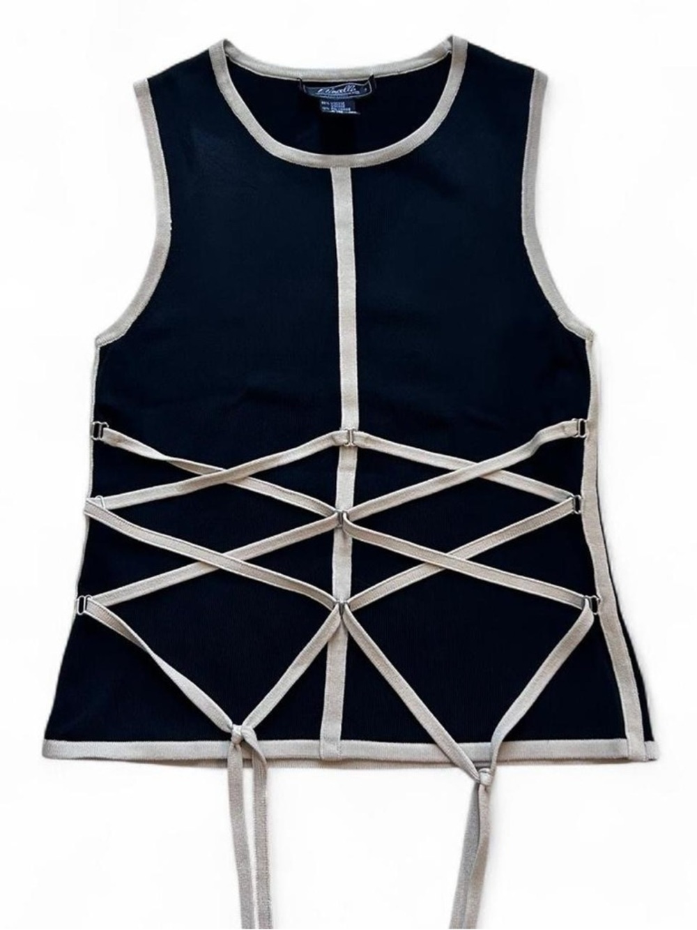 FINAL SALE - 90s Vintage black tank with cream contrast straps Lace Up - Picture 2 of 6